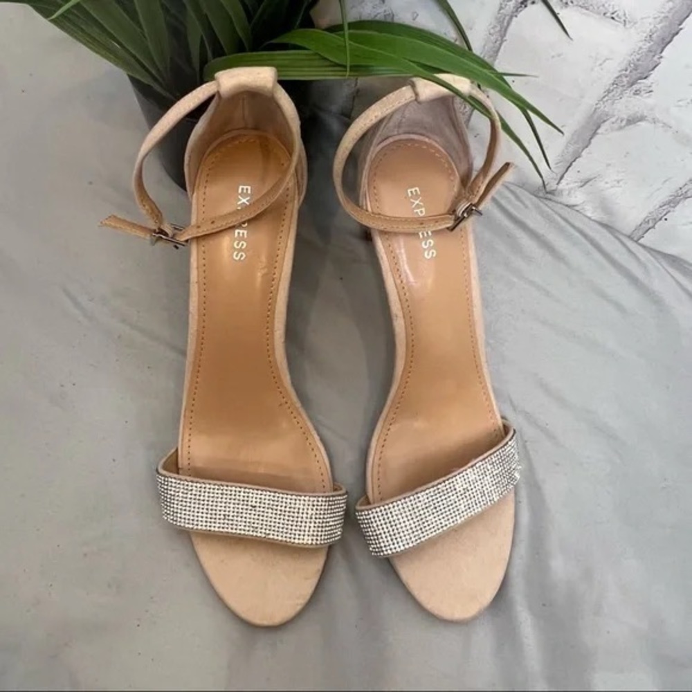 Express Nude Ankle Rhinestone Strap Heels